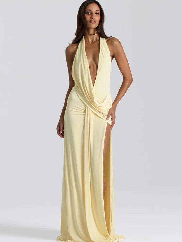 Veloura Halter Deep-V Abendkleid – Hoher Beinschlitz