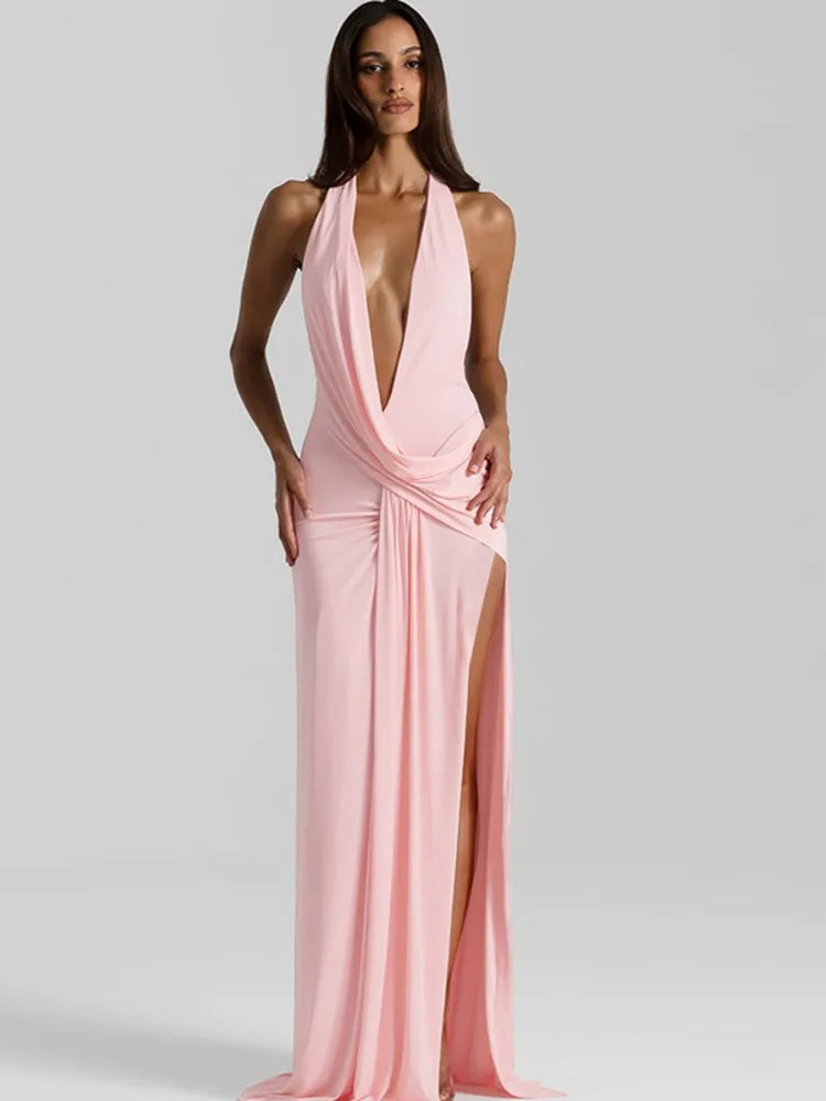 Veloura Halter Deep-V Abendkleid – Hoher Beinschlitz