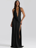 Veloura Halter Deep-V Abendkleid – Hoher Beinschlitz